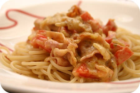 Spaghetti met Paprika en Spek in Kaassaus