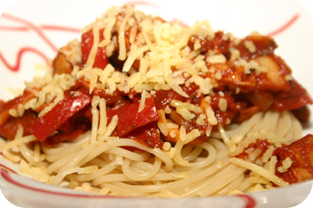 Spaghetti met Paprika, Kip en Tomatensaus