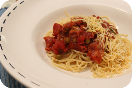 Spaghetti met Doperwten en Spek