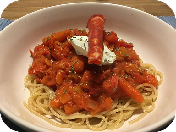 Spaghetti met Chorizo, Paprika en Tomaat